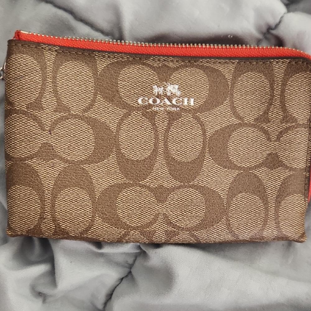 Coach Signature Brown Wristlet with Red Accent